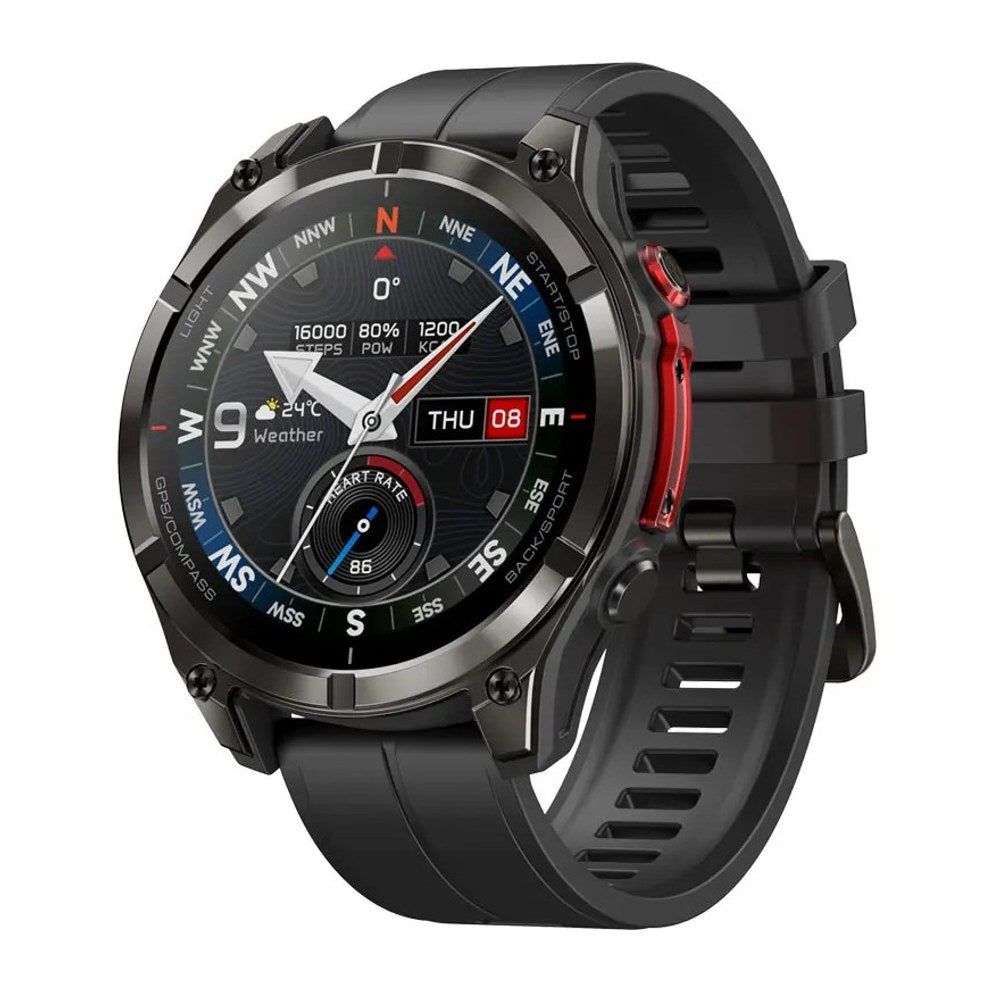Zeblaze Stratos 4 Pro smartwatch in Black, black case and silicone strap with red side buttons, compass watch face