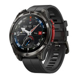 Zeblaze Stratos 4 Pro smartwatch in Black, black case and silicone strap with red side buttons, compass watch face