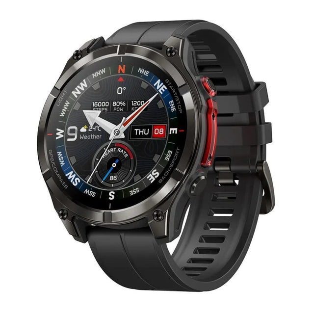 Zeblaze Stratos 4 Pro smartwatch in Black, black case and silicone strap with red side buttons, compass watch face