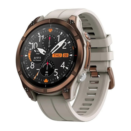 Zeblaze Stratos 4 Pro smartwatch in Bronze, bronze-coloured bezel with a light grey silicone strap