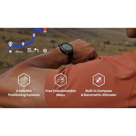Wrist view of the Stratos 4 Pro with a route map, and icons for six satellite systems, maps, compass and altimeter