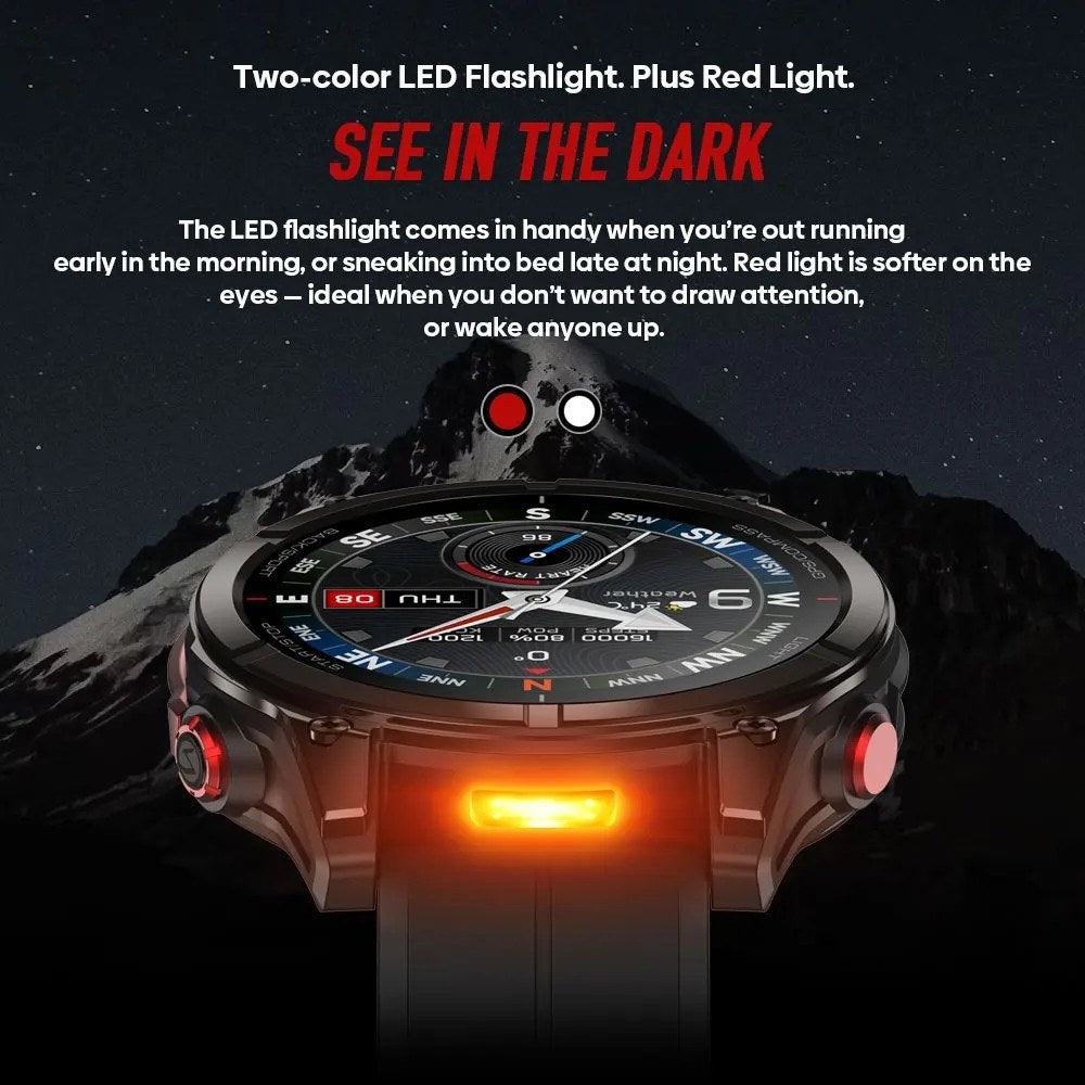 Stratos 4 Pro front view with the built-in flashlight lit at the base of the case, red and white light colours shown