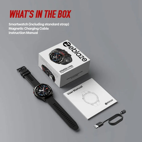 What is in the box: Stratos 4 Pro watch with strap, magnetic charging cable, user manual and retail box