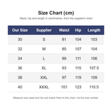 Supplier size chart giving waist, hip and length for sizes S to XXXL in centimetres, matched to our sizes 30 to 40