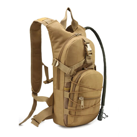 Tan hydration pack angled side view on white, showing front pocket and bungee lacing
