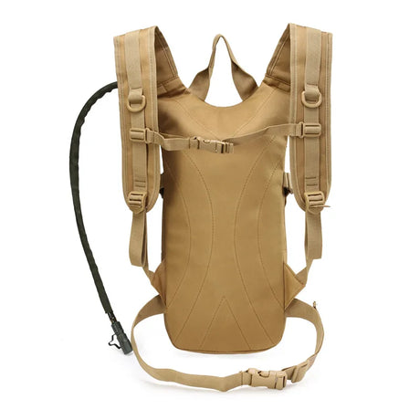 Back of the tan hydration pack showing padded harness, sternum strap and waist strap