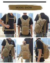Model show panel: six views of a man wearing the tan hydration pack
