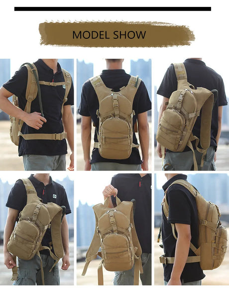 Model show panel: six views of a man wearing the tan hydration pack