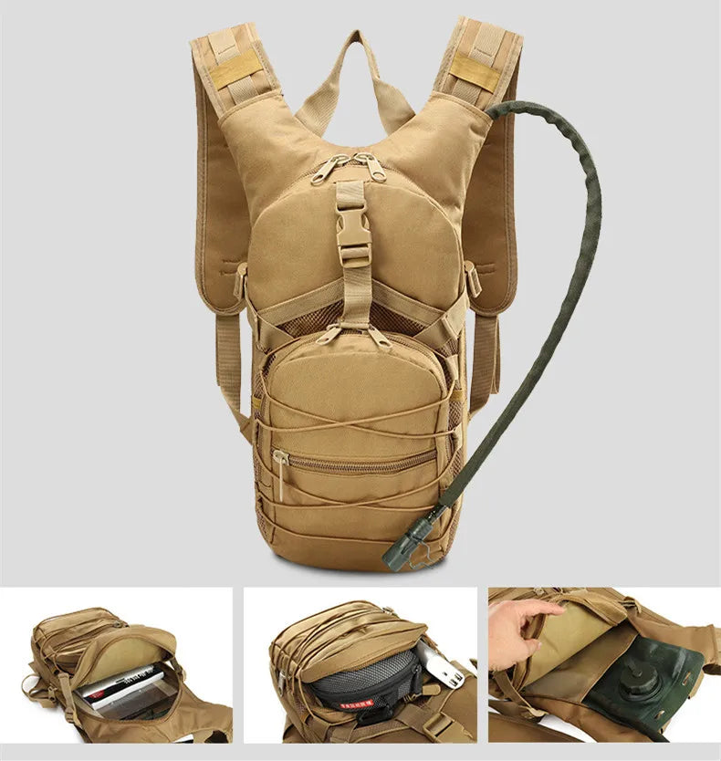 Tan pack with insets showing pocket contents and a bladder sliding into the rear sleeve