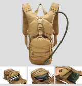 Tan pack with insets showing pocket contents and a bladder sliding into the rear sleeve
