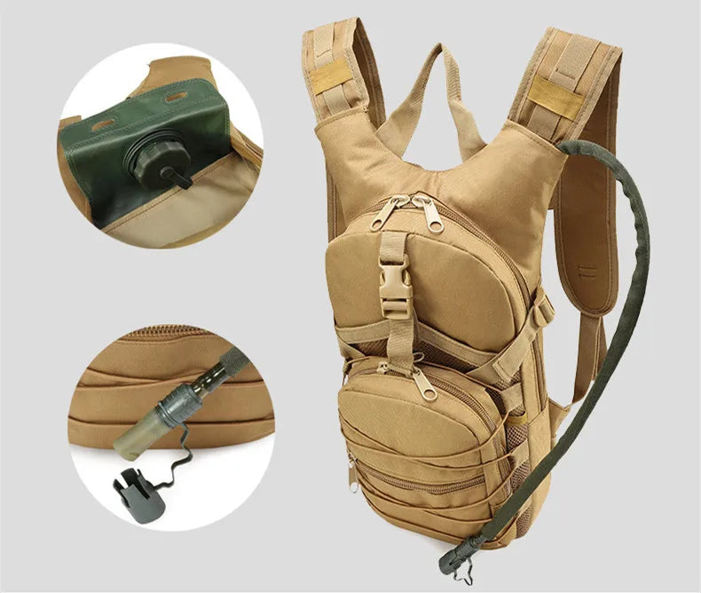 Tan pack with close-ups of the bladder screw cap in its sleeve and the bite valve