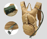 Tan pack with close-ups of the bladder screw cap in its sleeve and the bite valve