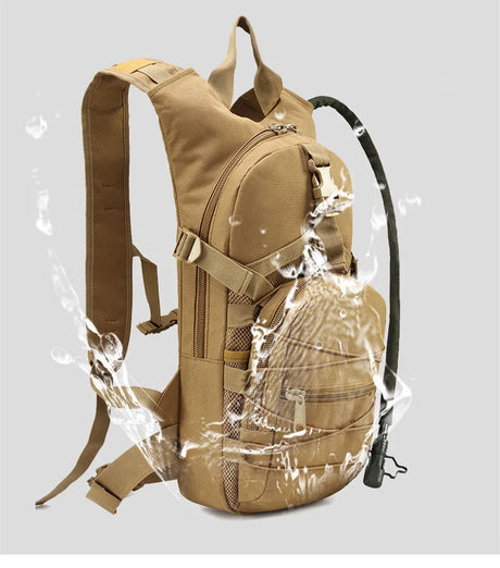 Tan hydration pack side view surrounded by splashing water in the supplier artwork