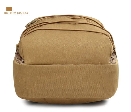 Bottom of the tan hydration pack showing the padded base and zip openings