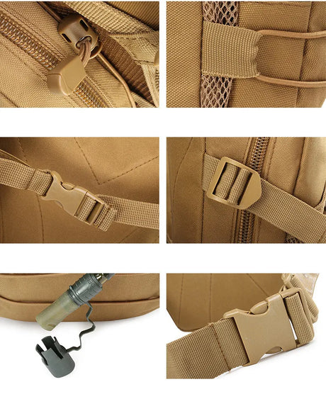 Six close-ups of zip pull, compression strap, buckles, strap adjuster and bite valve clip
