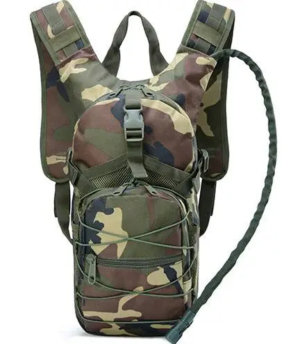Woodland jungle camouflage hydration pack, front view with hose and bite valve