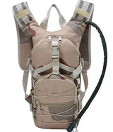 Sand camouflage hydration pack, front view with drinking hose over the shoulder