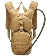 Brown coyote hydration pack, front view showing bungee lacing and drinking hose
