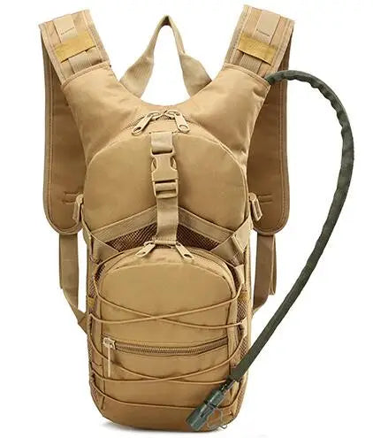 Brown coyote hydration pack, front view showing bungee lacing and drinking hose