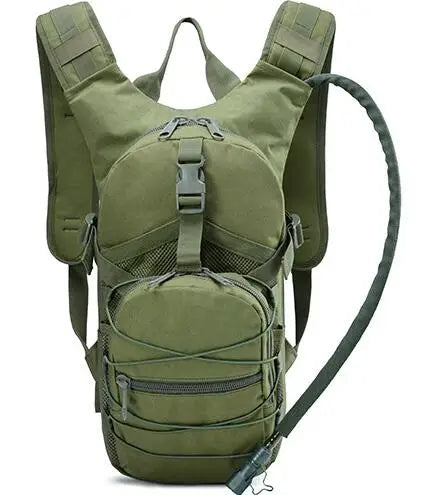 Olive green hydration pack, front view with drinking hose and bite valve