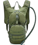 Olive green hydration pack, front view with drinking hose and bite valve