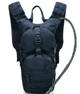 Black hydration pack, front view with drinking hose over the right shoulder
