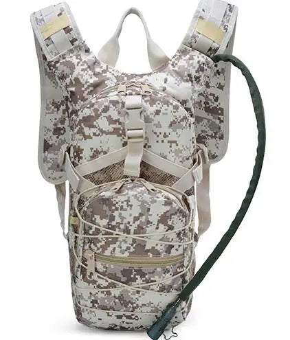 Desert digital camouflage hydration pack, front view with drinking hose fitted