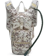 Desert digital camouflage hydration pack, front view with drinking hose fitted
