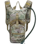 CP multicam camouflage hydration pack, front view with drinking hose fitted