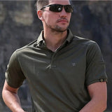 Man wearing the army green tactical polo shirt, chest and sleeves