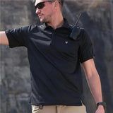 Man wearing the black tactical polo, a radio clipped to the shoulder