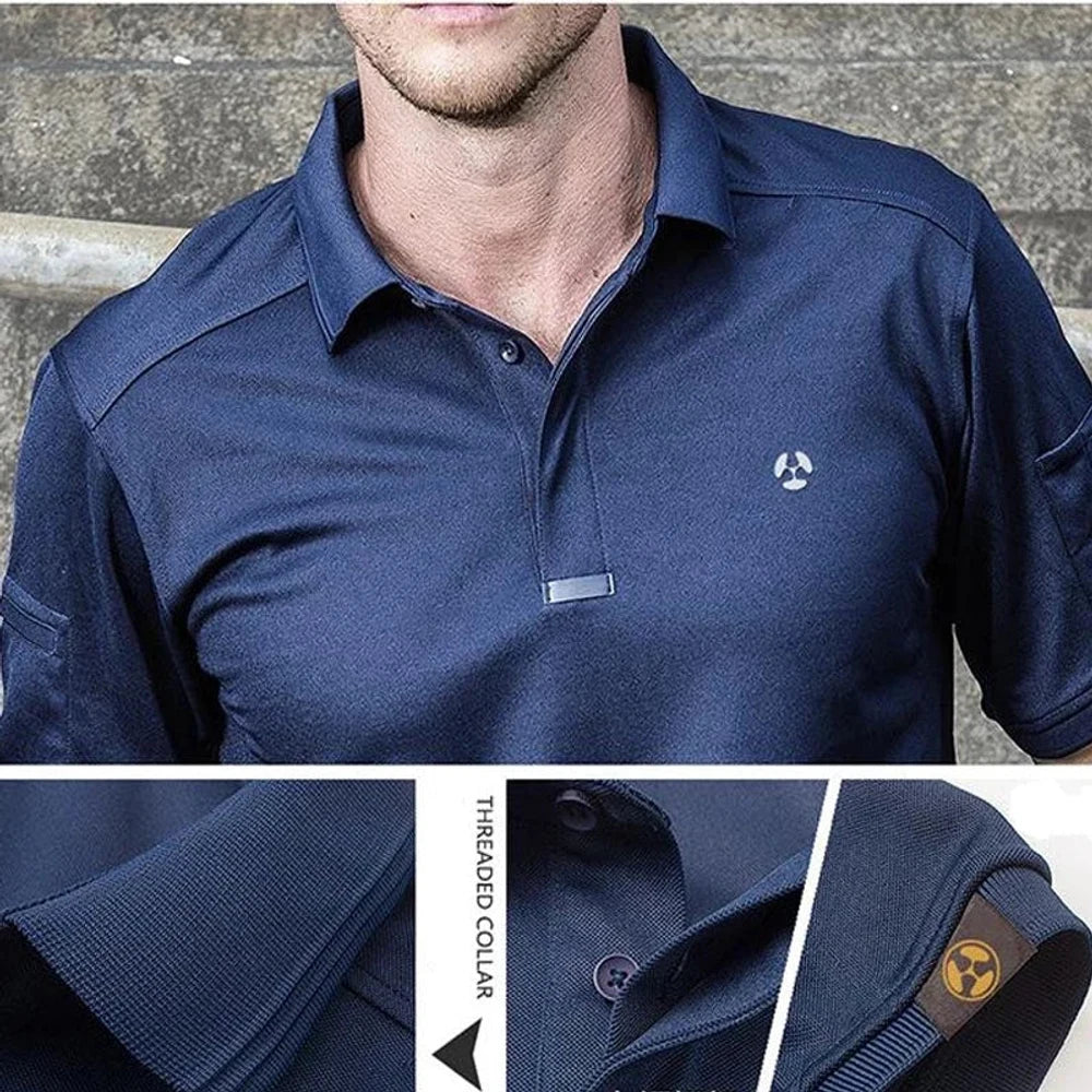 Navy tactical polo close-ups: chest emblem, threaded collar and sleeve tab