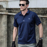 Man wearing the navy tactical polo and gloves