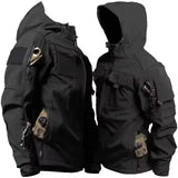 Two black softshell jackets with a plain sleeve patch panel, one with the hood up; clip and gloves not included