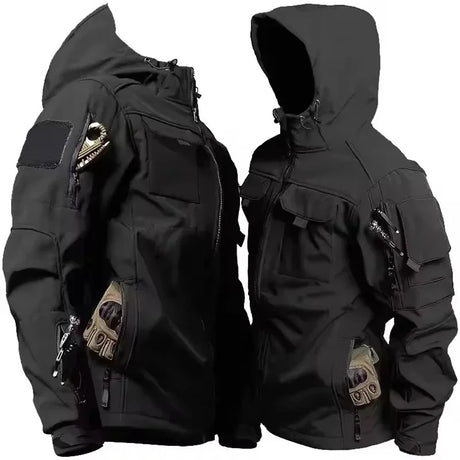 Two black softshell jackets, one with the hood up, chest and sleeve pockets in black; patch, gloves and clip not included
