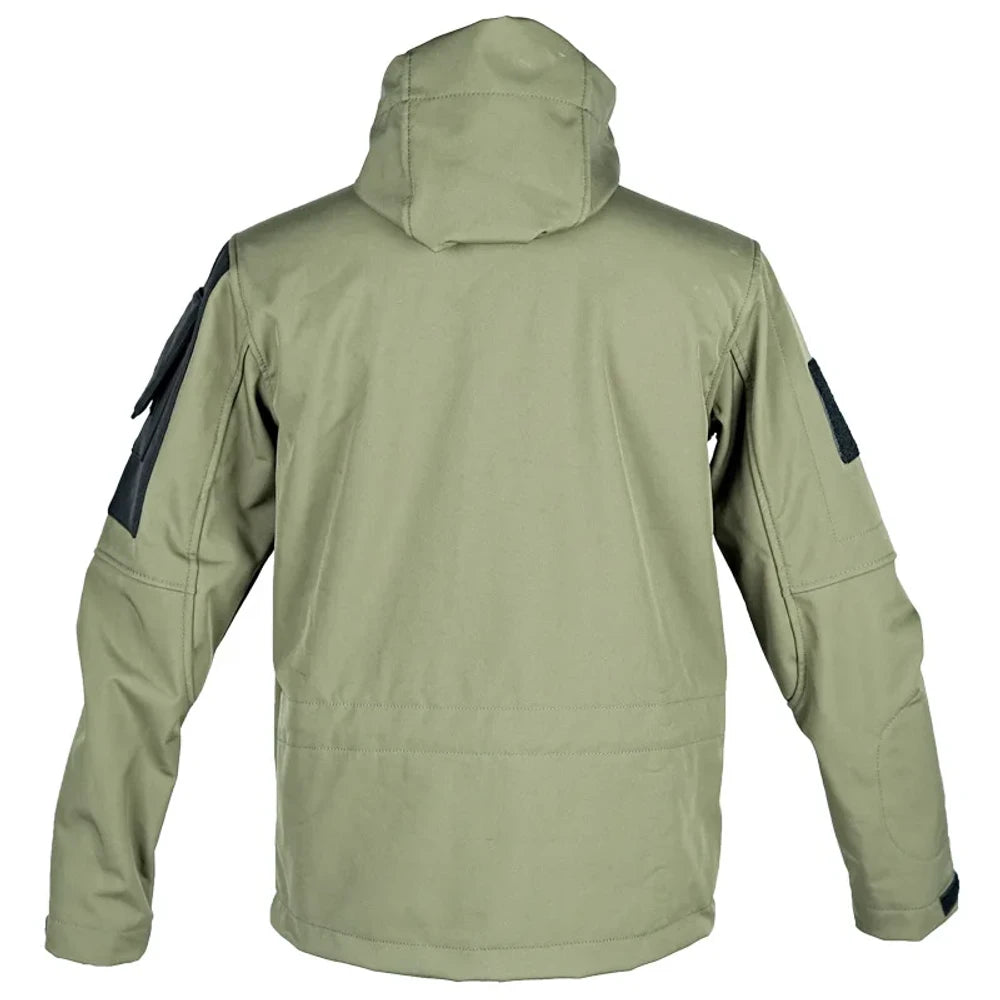 Back of the green softshell jacket with the hood down, black sleeve panels and the cuff tabs