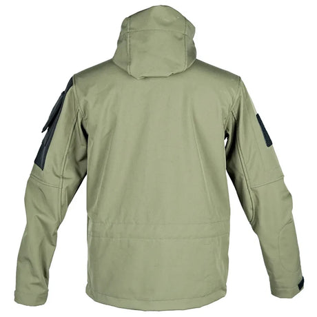 Back of the green softshell jacket with the hood down, black sleeve panels and the cuff tabs