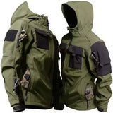 Two green softshell jackets with black chest and shoulder panels and a sleeve patch panel; clip and gloves not included