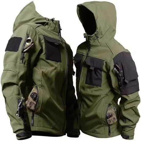 Two green softshell jackets with black chest and shoulder panels, one with the hood up; patch, gloves and clip not included