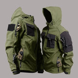 Green softshell jackets on a grey backdrop, front and hood-up views; clip and gloves not included