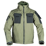 Green softshell jacket from the front, hood up, black chest pocket panels, zipped sleeve pockets and cuff tabs