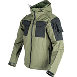 Green softshell jacket at a three-quarter angle: hood toggles, black chest pockets and the zipped upper-sleeve pocket