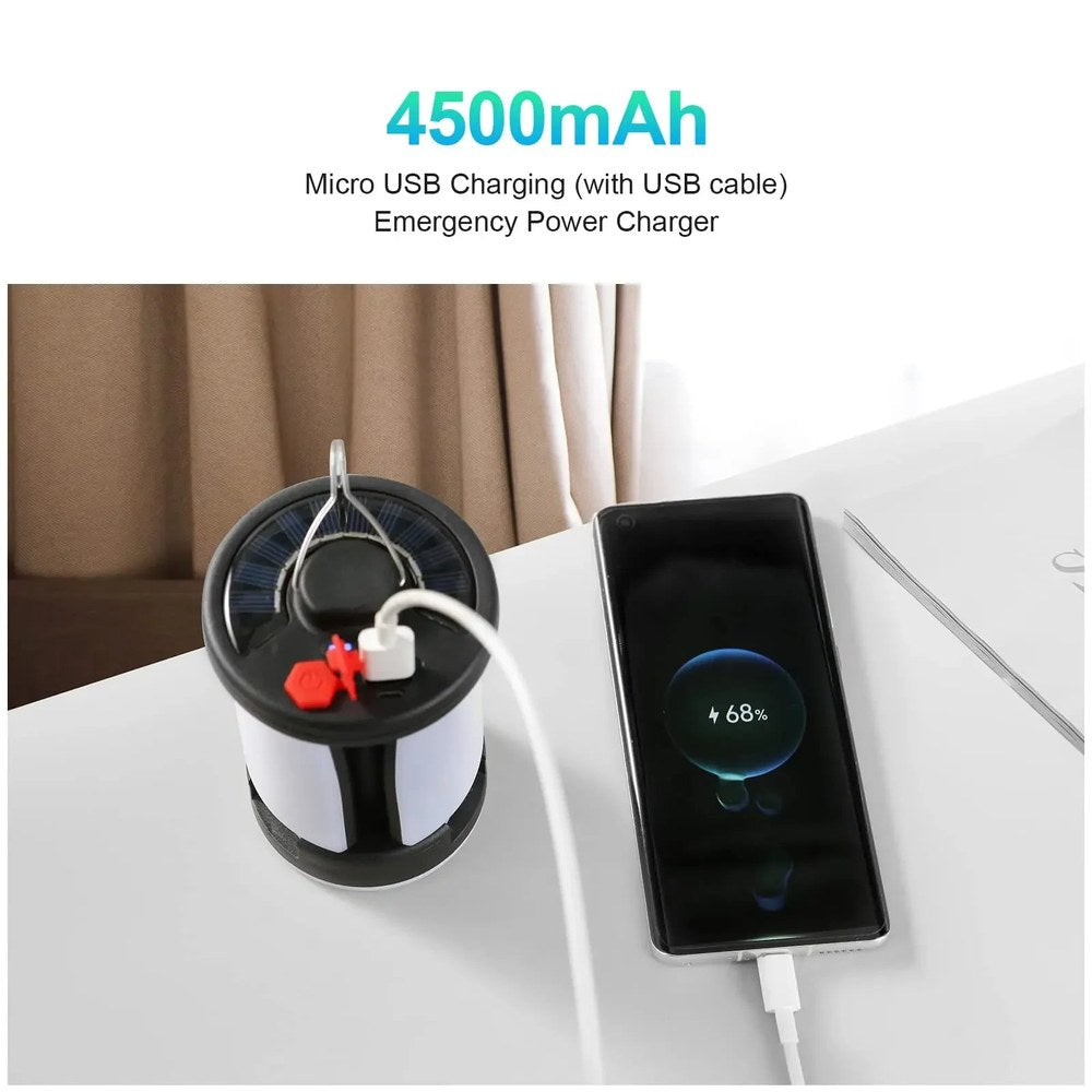 Tall lantern charging a phone from its USB port, maker figure 4500 mAh