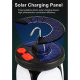 Solar charging panel round the top of the tall lantern, with its red switch buttons and wire hook