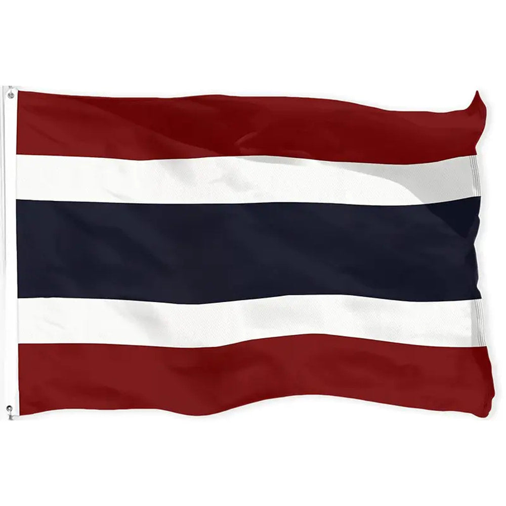 Thai flag in printed polyester: red, white and blue stripes; white header strip with metal eyelets at left