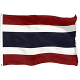 Thai flag in printed polyester: red, white and blue stripes; white header strip with metal eyelets at left