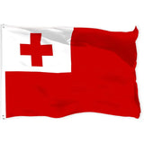 Tongan flag in printed polyester: red with a red cross on white; white header strip with metal eyelets at left