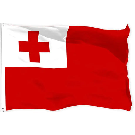 Tongan flag in printed polyester: red with a red cross on white; white header strip with metal eyelets at left