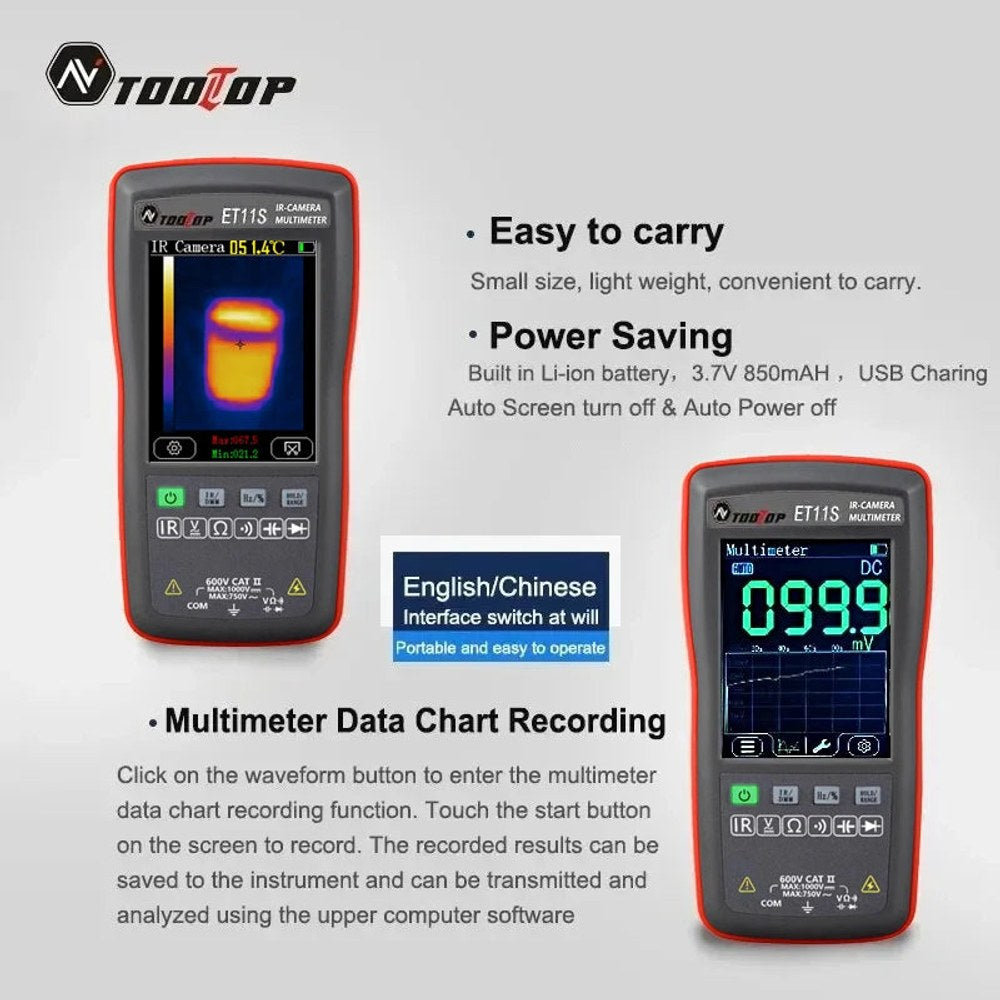 ET11S in thermal and multimeter modes with notes on the 850 mAh battery and data chart recording