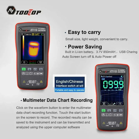ET11S in thermal and multimeter modes with notes on the 850 mAh battery and data chart recording